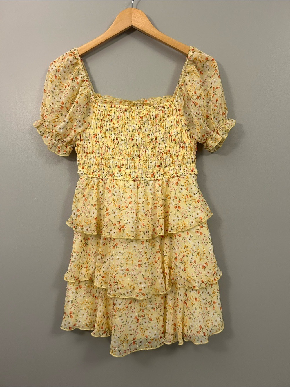Smocked Tiered Mini Dress in Yellow Floral